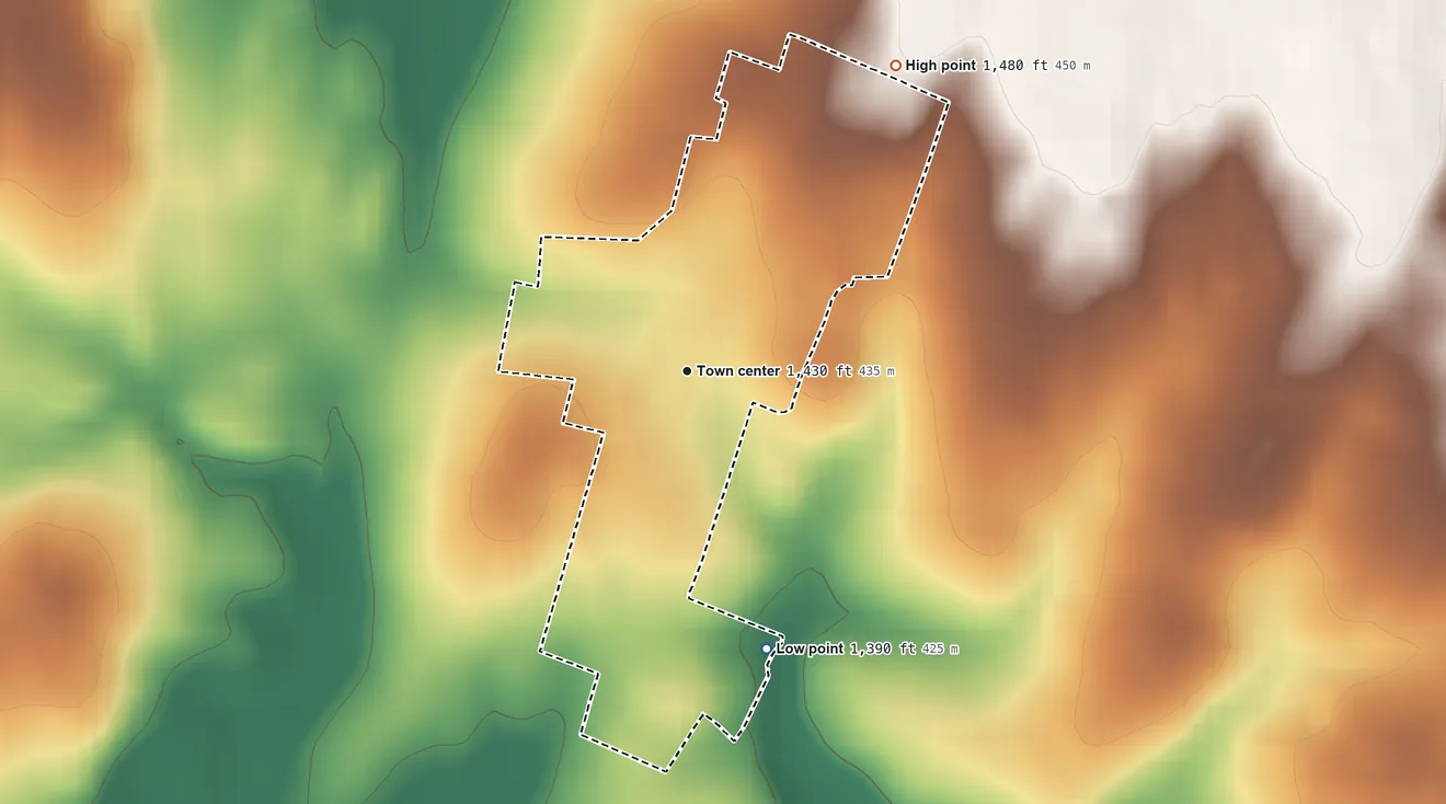 Topographic elevation map of Curryville, Pennsylvania, shaded from 1,390 ft on the south side to 1,480 ft on the northeast side