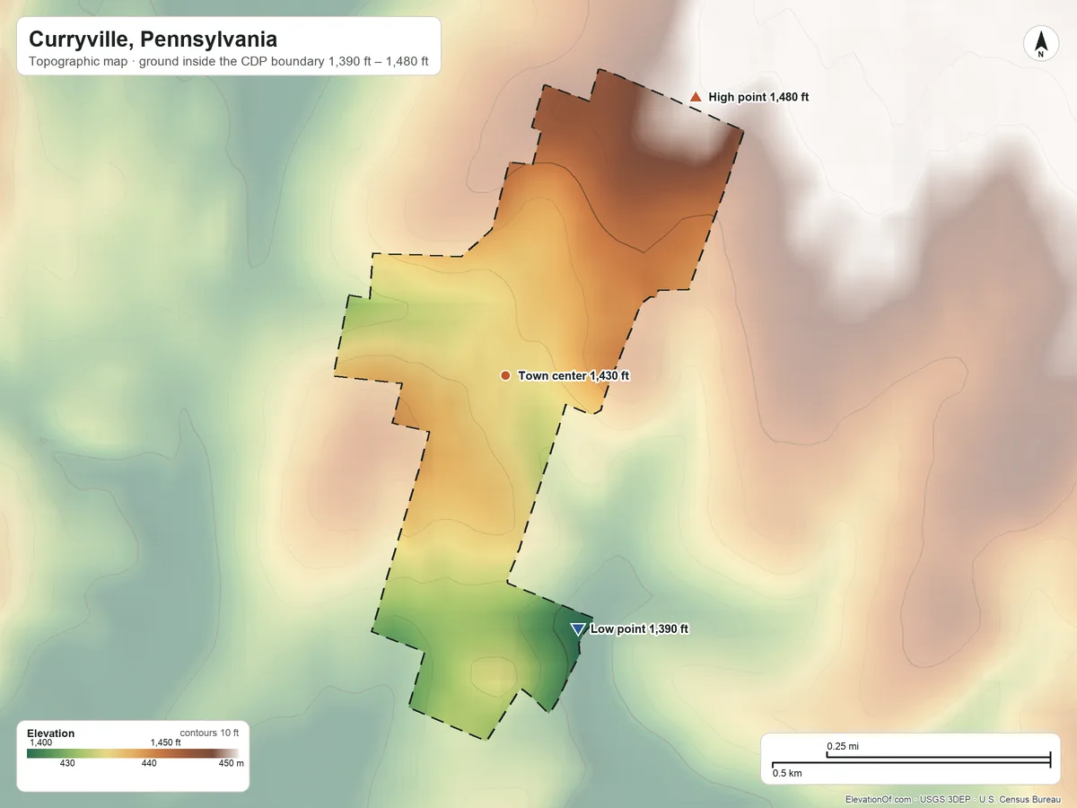 Topographic elevation map of Curryville, Pennsylvania, shaded from 1,390 ft on the south side to 1,480 ft on the northeast side