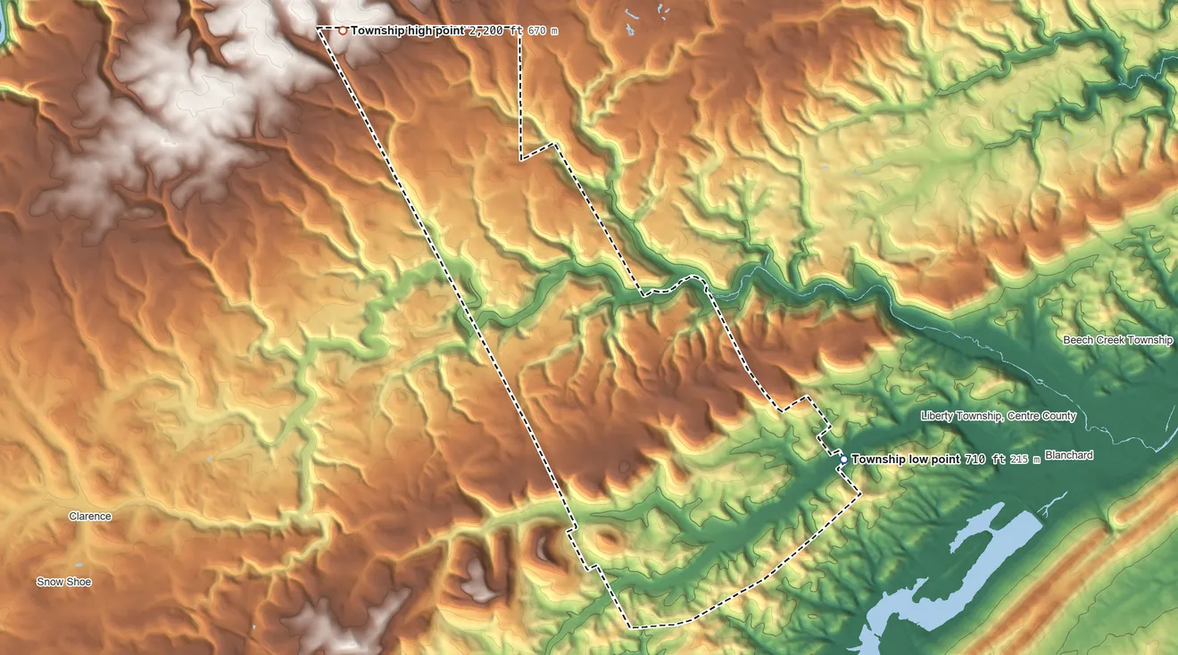 Topographic elevation map of Curtin Township, Pennsylvania, shaded from 710 ft on the east side to 2,200 ft on the northwest side