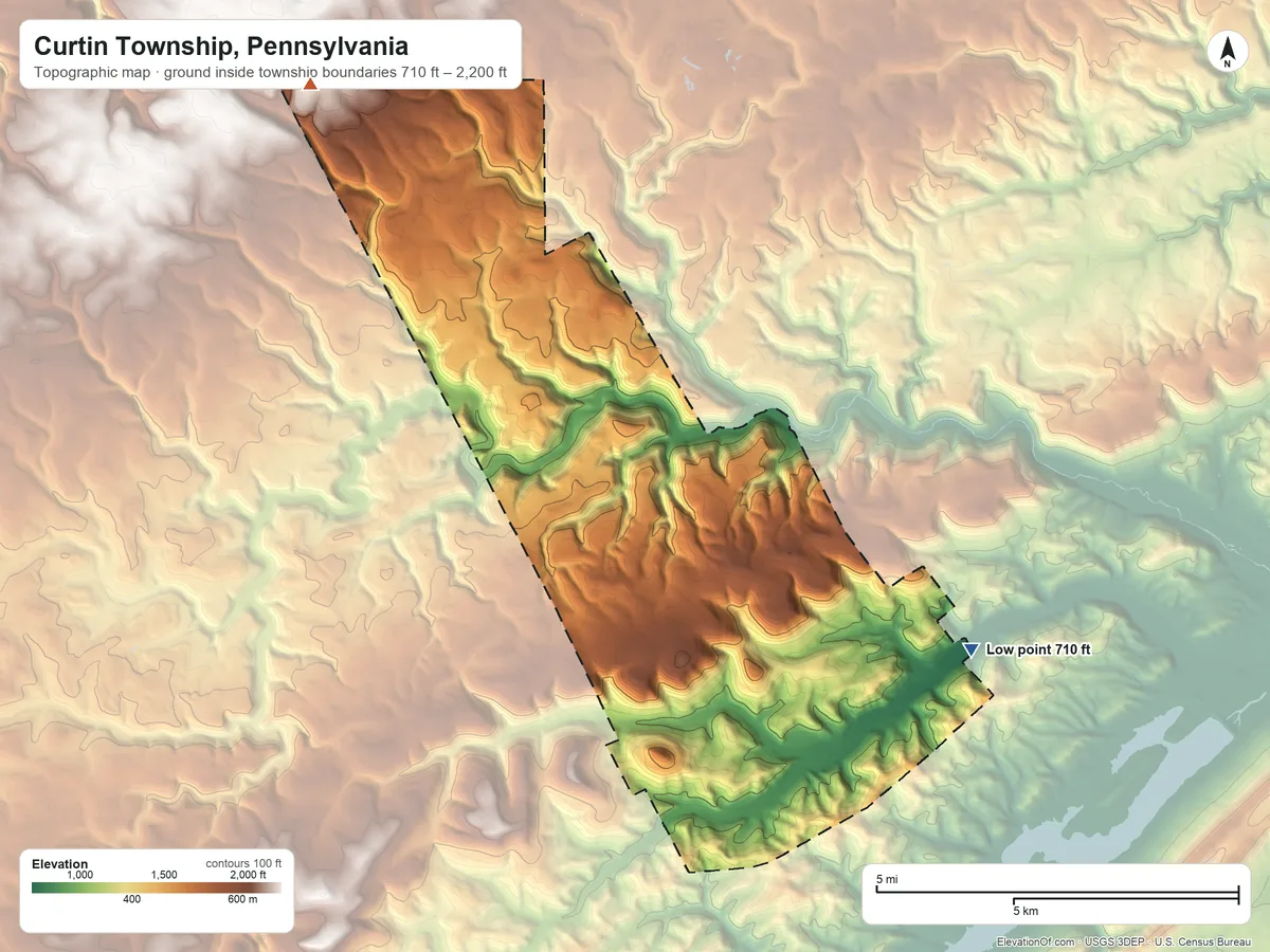 Topographic elevation map of Curtin Township, Pennsylvania, shaded from 710 ft on the east side to 2,200 ft on the northwest side