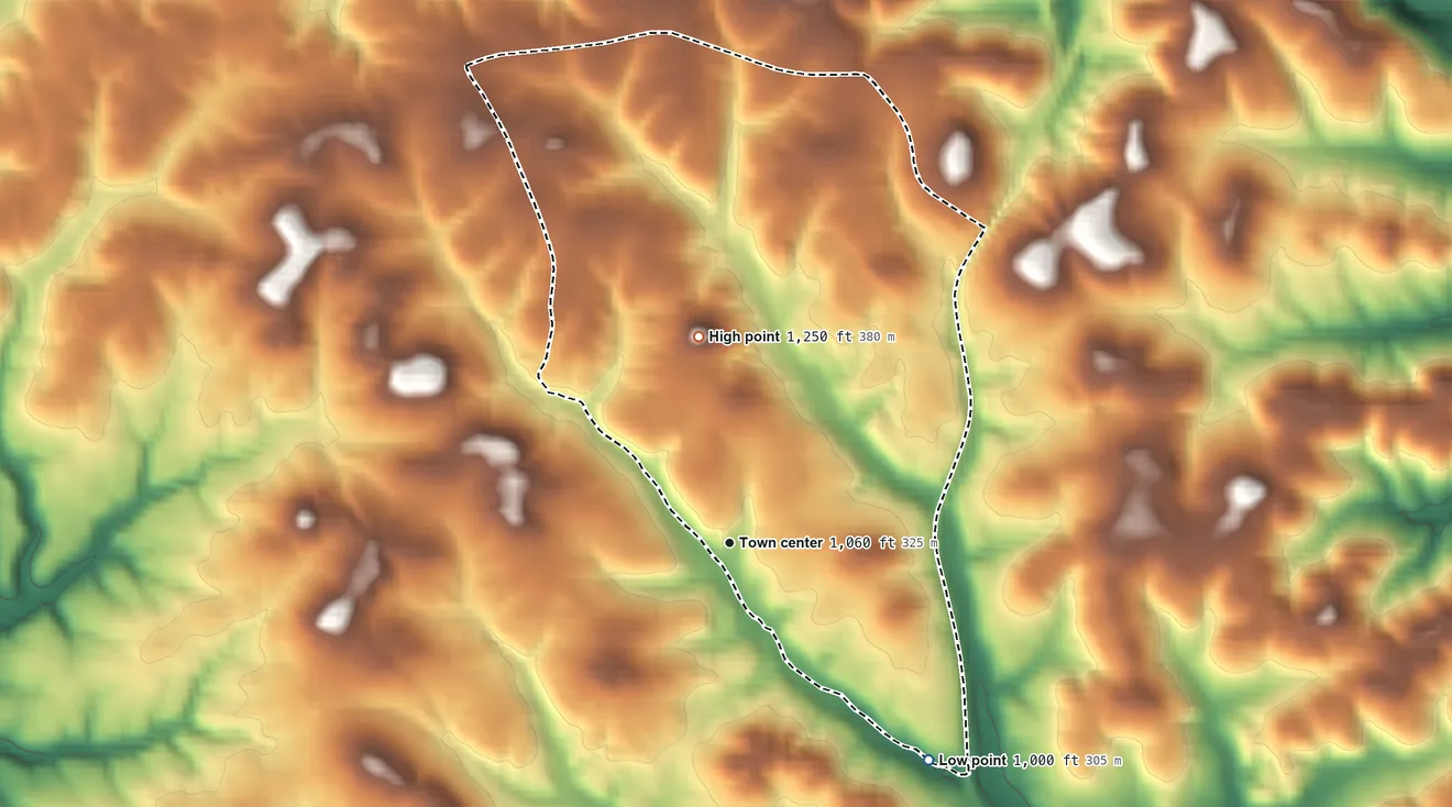 Topographic elevation map of Curtisville, Pennsylvania, shaded from 1,000 ft on the southeast side to 1,250 ft on the north side