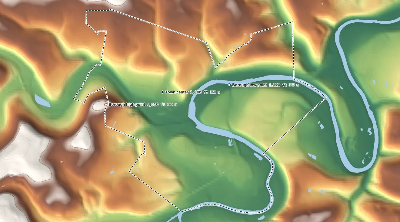 Topographic elevation map of Curwensville, Pennsylvania, shaded from 1,120 ft on the east side to 1,510 ft on the west edge, below higher ground just outside