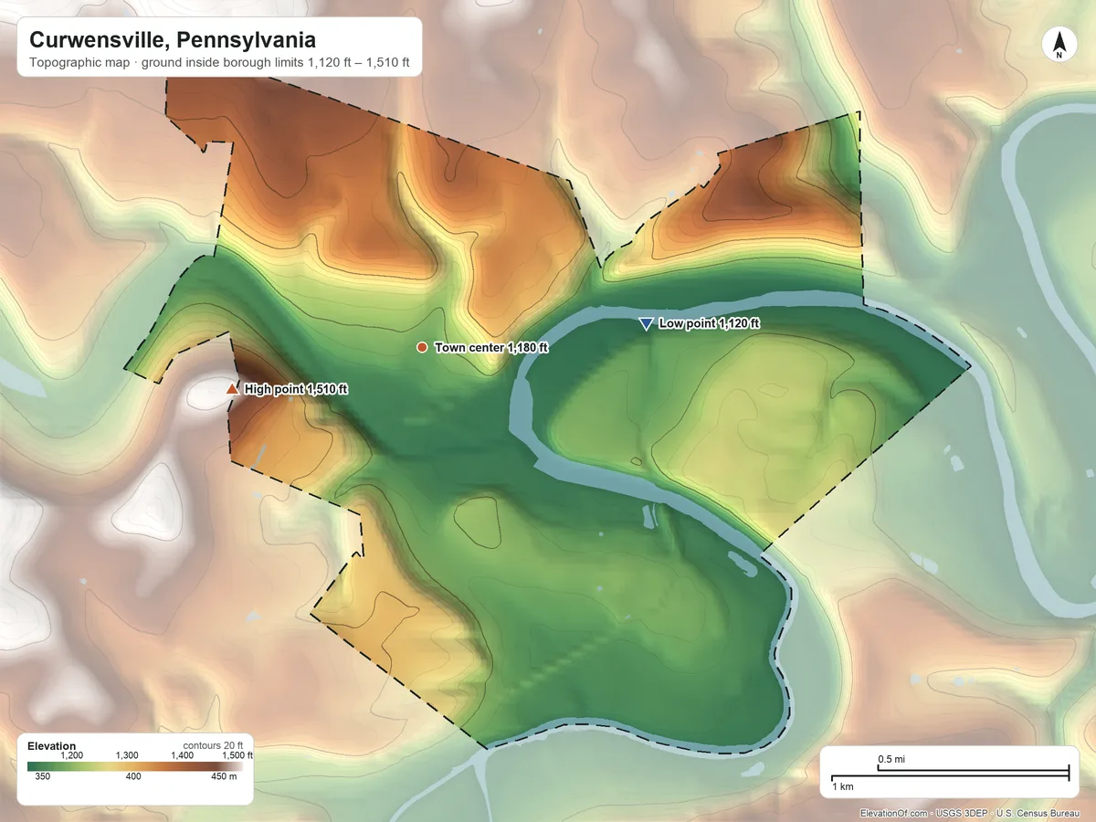 Topographic elevation map of Curwensville, Pennsylvania, shaded from 1,120 ft on the east side to 1,510 ft on the west edge, below higher ground just outside