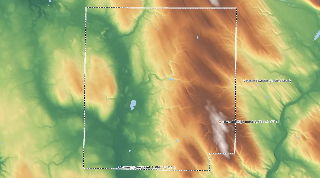 Topographic elevation map of Cussewago Township, Pennsylvania, shaded from 1,090 ft on the southwest side to 1,560 ft on the southeast side