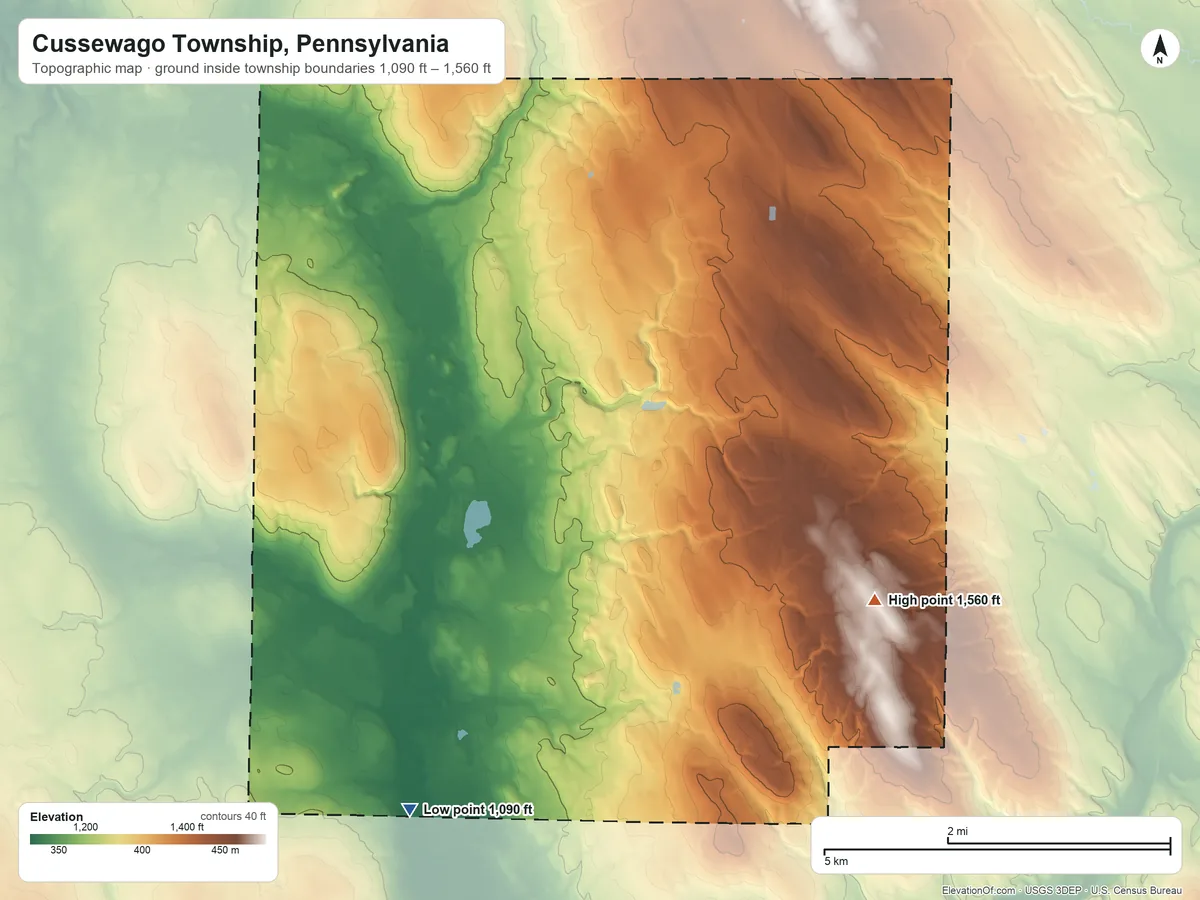 Topographic elevation map of Cussewago Township, Pennsylvania, shaded from 1,090 ft on the southwest side to 1,560 ft on the southeast side