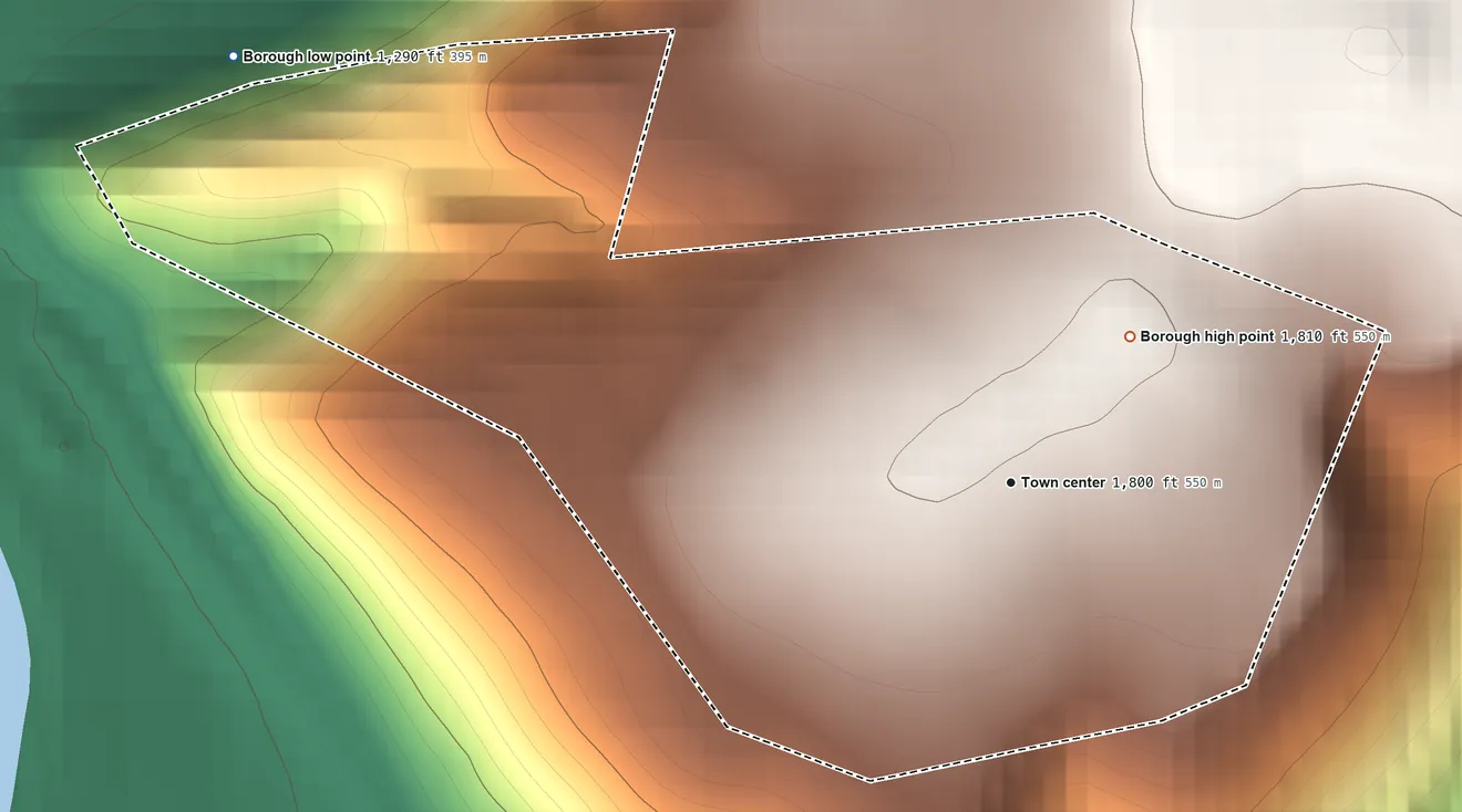 Topographic elevation map of Daisytown, Pennsylvania, shaded from 1,290 ft on the northwest side to 1,810 ft on the northeast side