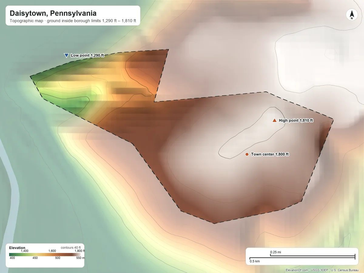Topographic elevation map of Daisytown, Pennsylvania, shaded from 1,290 ft on the northwest side to 1,810 ft on the northeast side