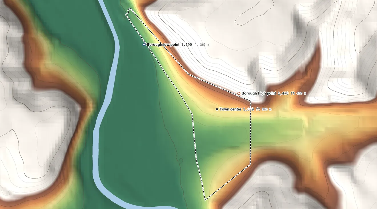 Topographic elevation map of Dale, Pennsylvania, shaded from 1,190 ft on the northwest side to 1,470 ft at the foot of the Laurel Hill