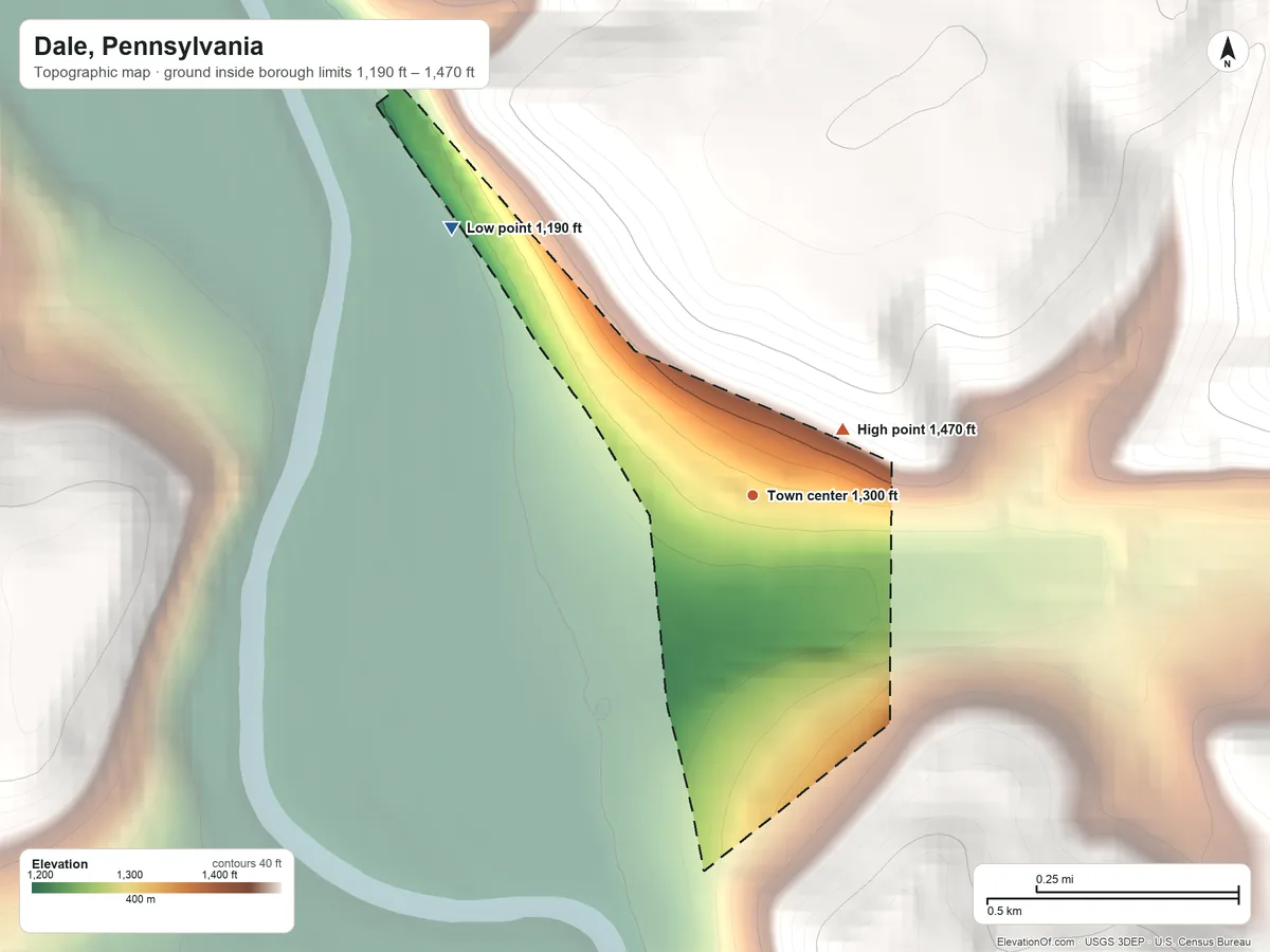 Topographic elevation map of Dale, Pennsylvania, shaded from 1,190 ft on the northwest side to 1,470 ft at the foot of the Laurel Hill