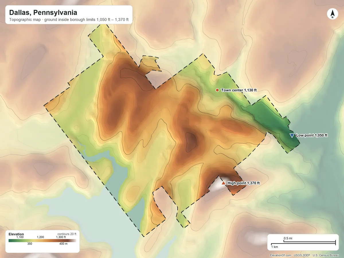 Topographic elevation map of Dallas, Pennsylvania, shaded from 1,050 ft on the southeast side to 1,370 ft on the south side