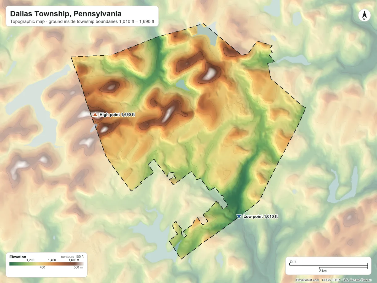 Topographic elevation map of Dallas Township, Pennsylvania, shaded from 1,010 ft on the southeast side to 1,690 ft on the northwest side