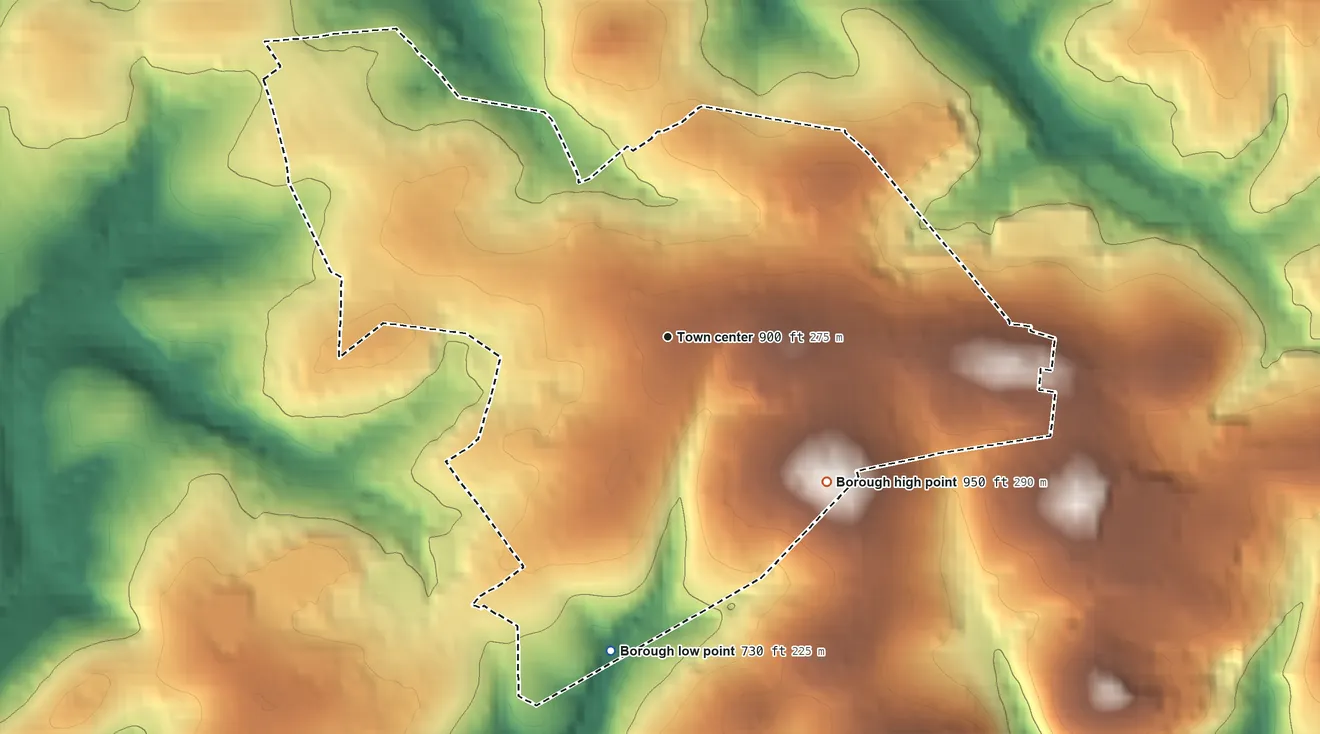 Topographic elevation map of Dallastown, Pennsylvania, shaded from 730 ft on the south side to 950 ft on the southeast side