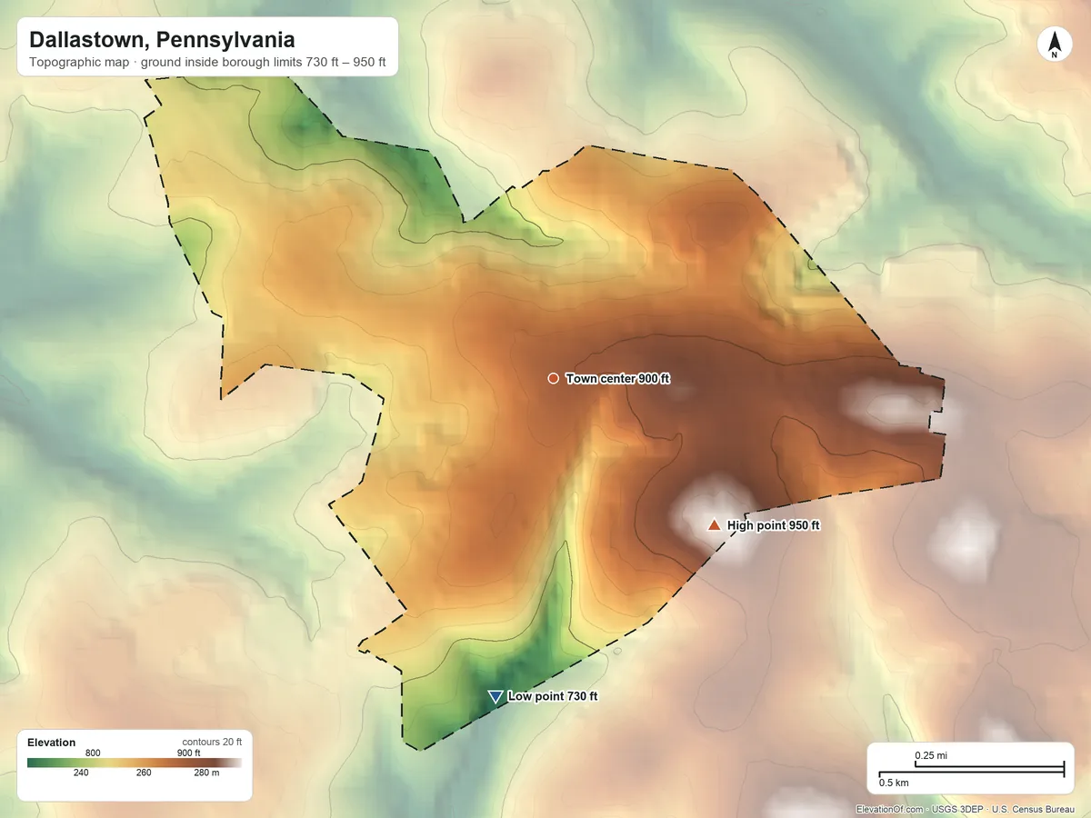 Topographic elevation map of Dallastown, Pennsylvania, shaded from 730 ft on the south side to 950 ft on the southeast side