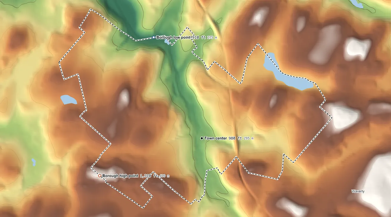 Topographic elevation map of Dalton, Pennsylvania, shaded from 910 ft on the northwest side to 1,310 ft on the west edge, below higher ground just outside