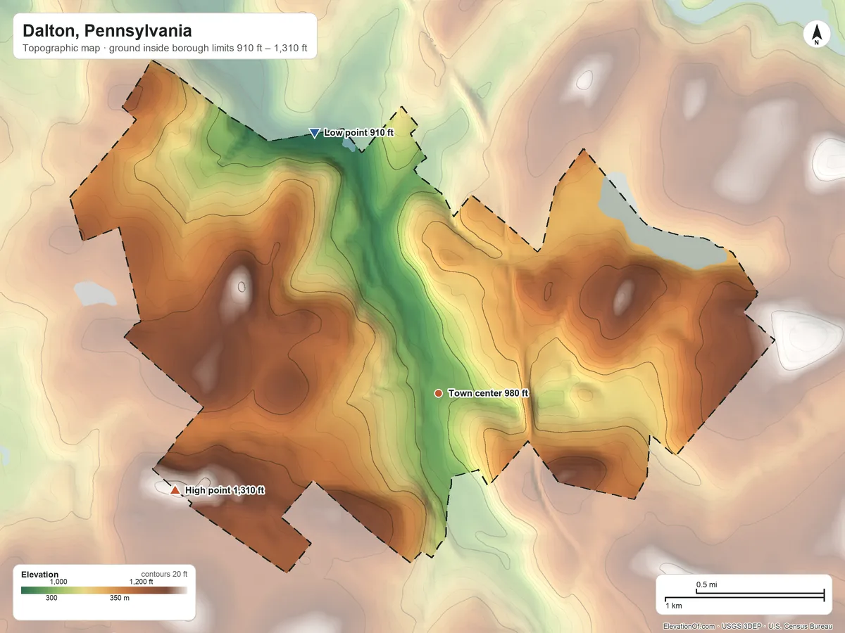 Topographic elevation map of Dalton, Pennsylvania, shaded from 910 ft on the northwest side to 1,310 ft on the west edge, below higher ground just outside