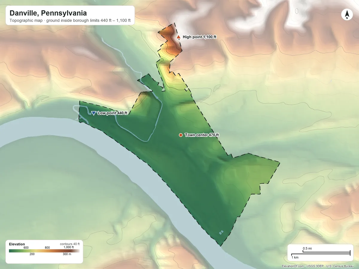 Topographic elevation map of Danville, Pennsylvania, shaded from 440 ft on the west side to 1,100 ft on the north side