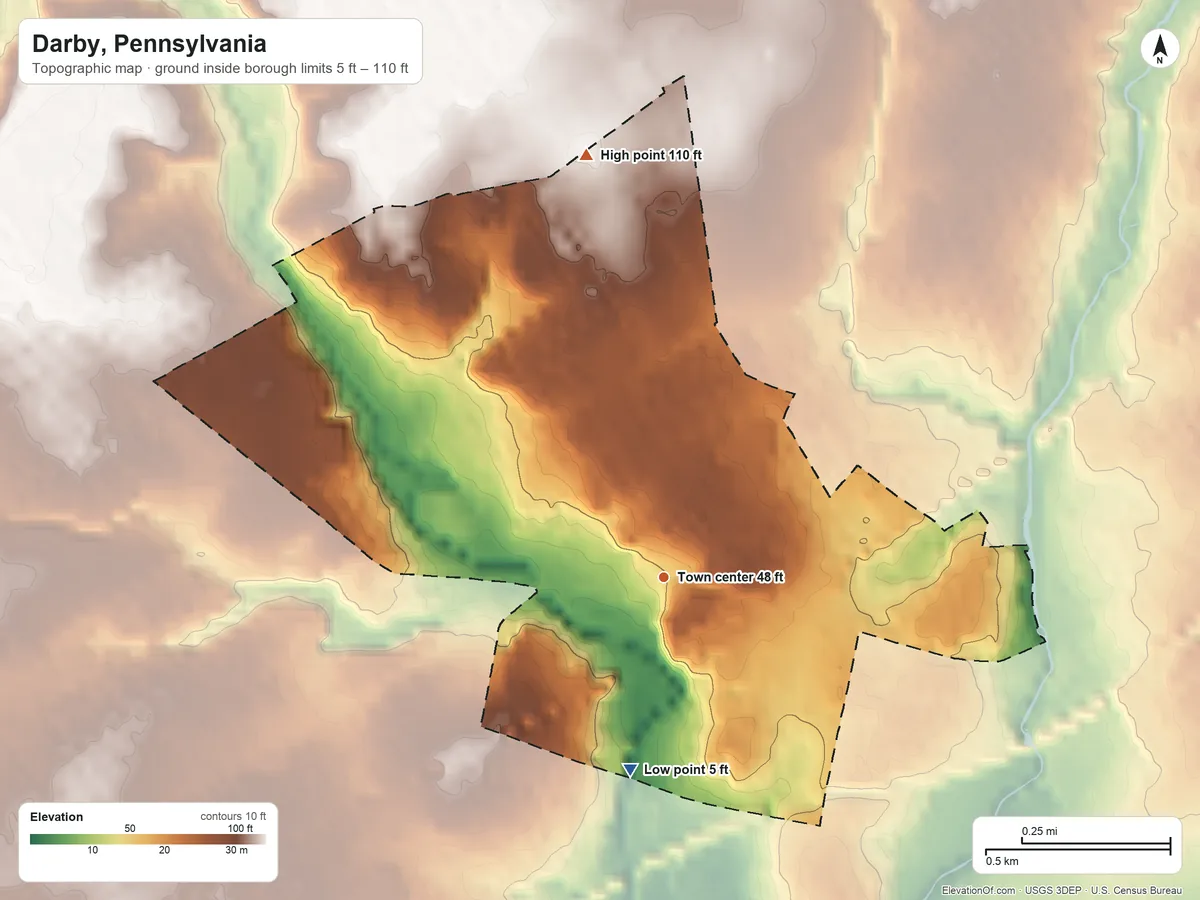 Topographic elevation map of Darby, Pennsylvania, shaded from 5 ft on the south side to 110 ft on the north side