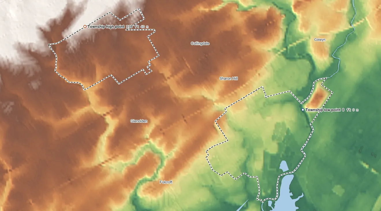 Topographic elevation map of Darby Township, Pennsylvania, shaded from 0 ft on the east side to 130 ft on the northwest side