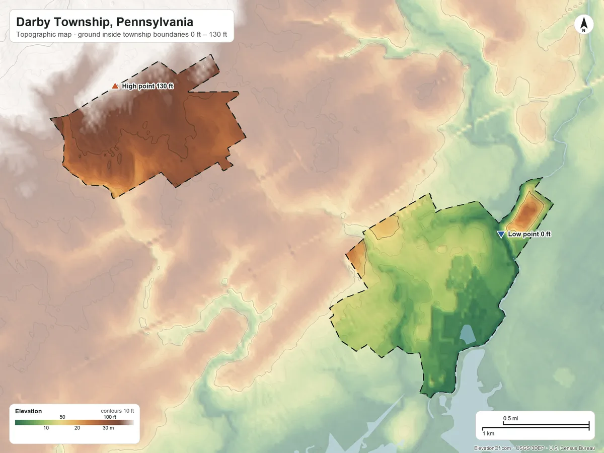 Topographic elevation map of Darby Township, Pennsylvania, shaded from 0 ft on the east side to 130 ft on the northwest side