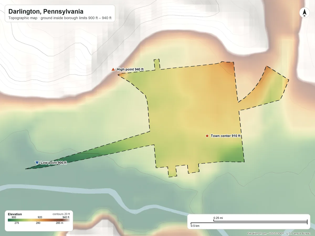 Topographic elevation map of Darlington, Pennsylvania, shaded from 900 ft on the west side to 940 ft on the northwest side