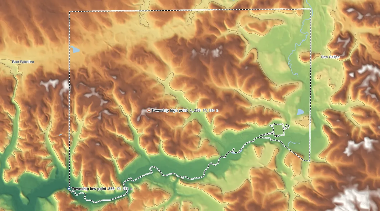 Topographic elevation map of Darlington Township, Pennsylvania, shaded from 830 ft on the southwest side to 1,250 ft on the southwest side