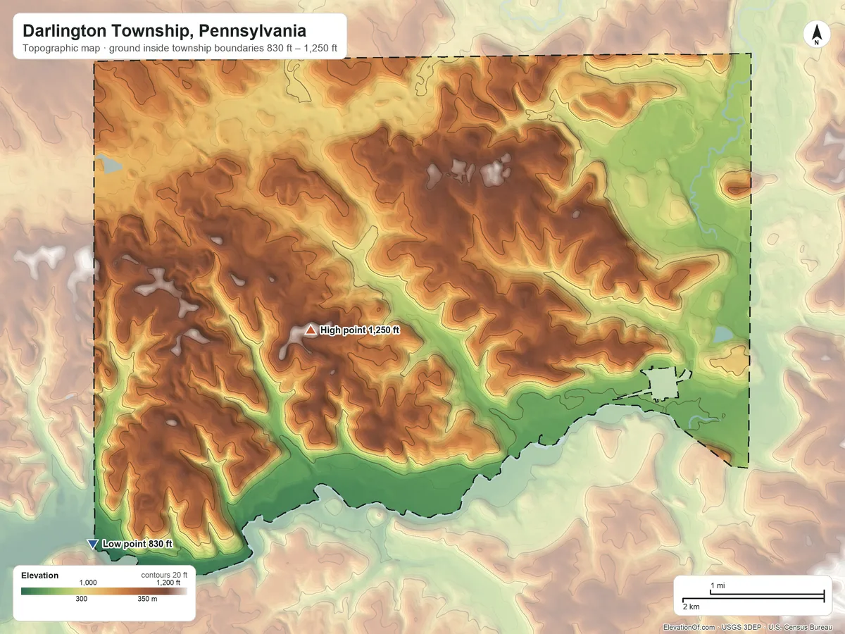 Topographic elevation map of Darlington Township, Pennsylvania, shaded from 830 ft on the southwest side to 1,250 ft on the southwest side