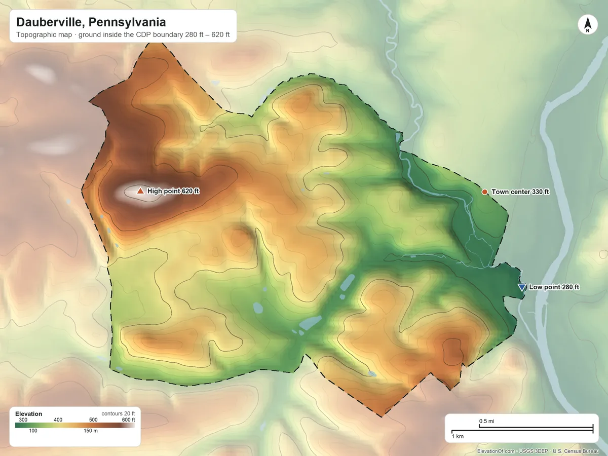 Topographic elevation map of Dauberville, Pennsylvania, shaded from 280 ft on the south side to 620 ft on the west side