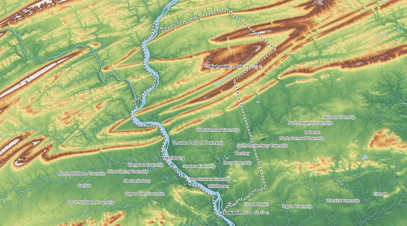Topographic elevation map of Dauphin County, Pennsylvania, shaded from 270 ft on the south side to 1,760 ft on Broad Mountain