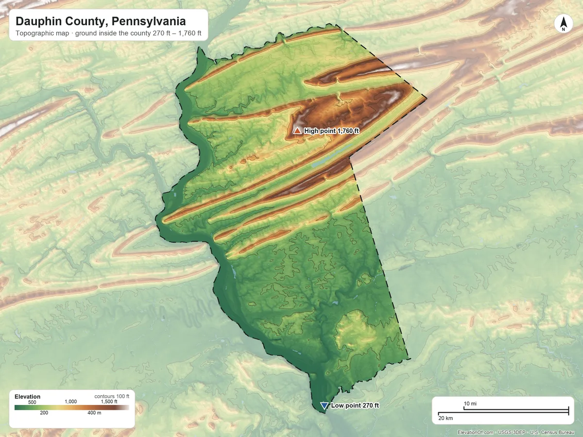 Topographic elevation map of Dauphin County, Pennsylvania, shaded from 270 ft on the south side to 1,760 ft on Broad Mountain