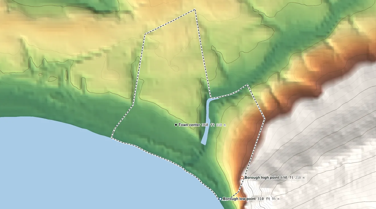 Topographic elevation map of Dauphin, Pennsylvania, shaded from 310 ft on the southeast side to 690 ft at the foot of the Little Mountain