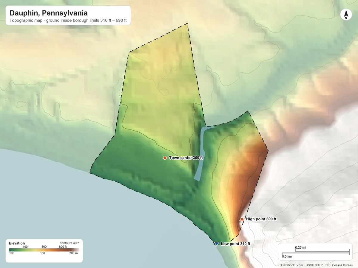 Topographic elevation map of Dauphin, Pennsylvania, shaded from 310 ft on the southeast side to 690 ft at the foot of the Little Mountain