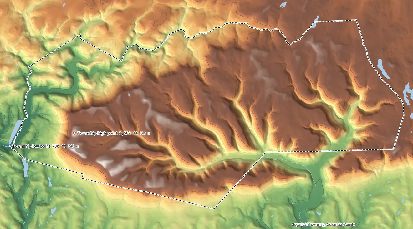 Topographic elevation map of Davidson Township, Pennsylvania, shaded from 780 ft on the southwest side to 2,580 ft on the southwest side