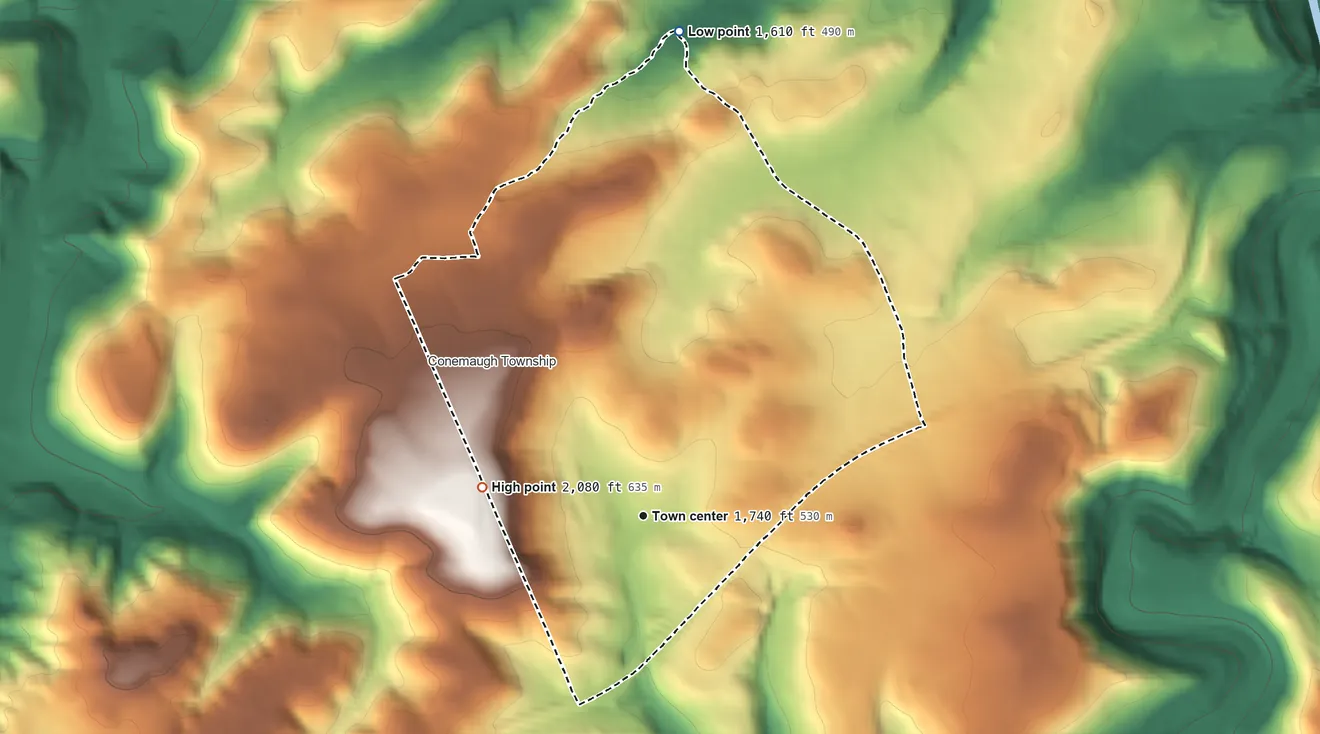 Topographic elevation map of Davidsville, Pennsylvania, shaded from 1,610 ft on the north side to 2,080 ft on the west side
