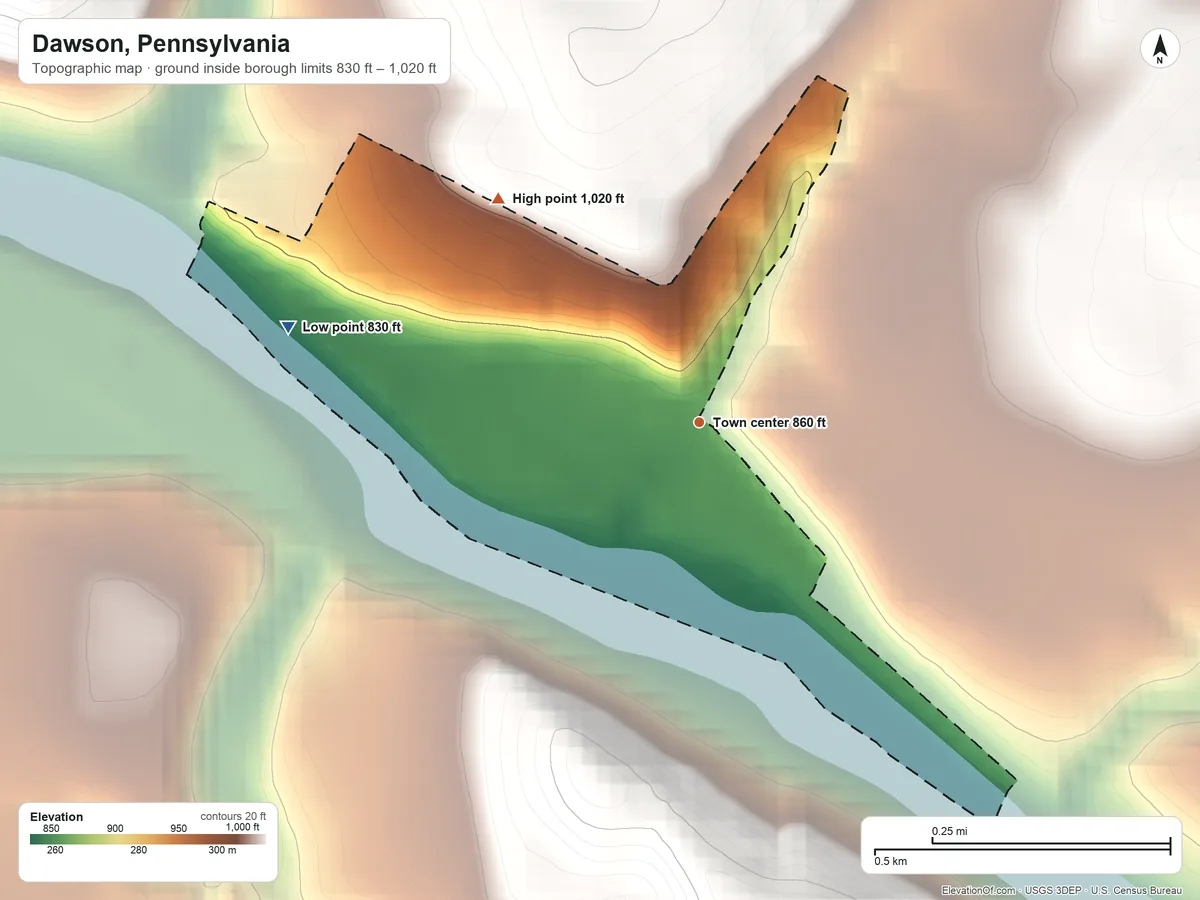Topographic elevation map of Dawson, Pennsylvania, shaded from 830 ft on the west side to 1,020 ft on the northwest side