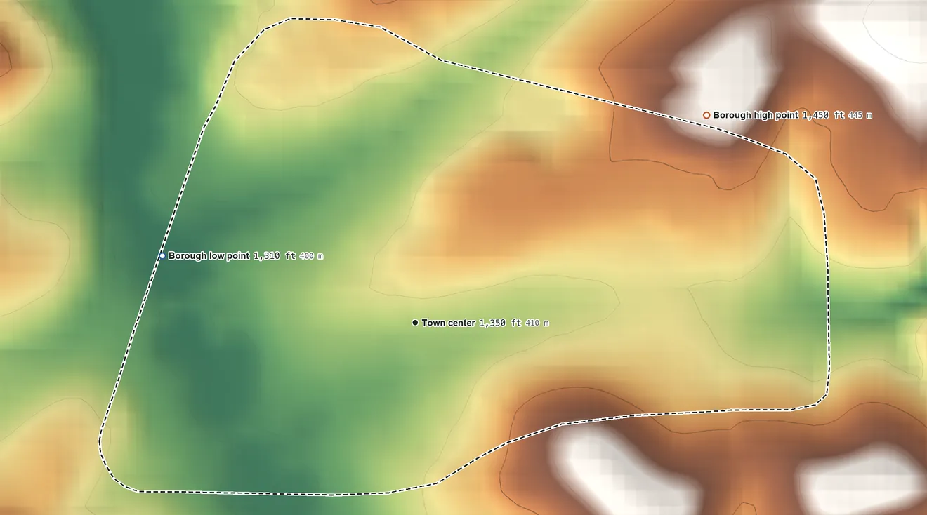 Topographic elevation map of Dayton, Pennsylvania, shaded from 1,310 ft on the west side to 1,450 ft on the northeast side
