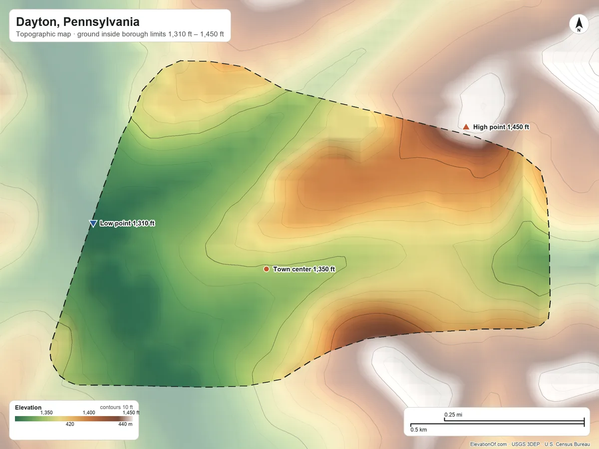 Topographic elevation map of Dayton, Pennsylvania, shaded from 1,310 ft on the west side to 1,450 ft on the northeast side