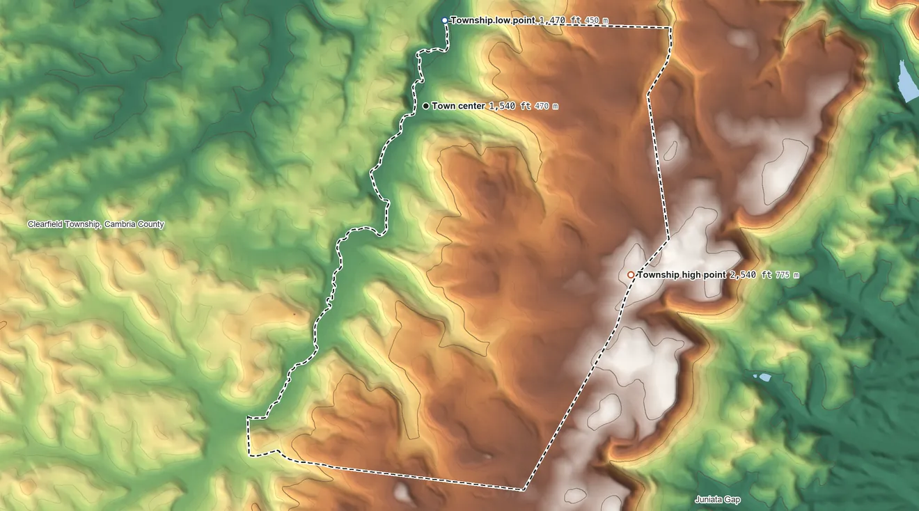 Topographic elevation map of Dean Township, Pennsylvania, shaded from 1,470 ft on the north side to 2,540 ft on the southeast side