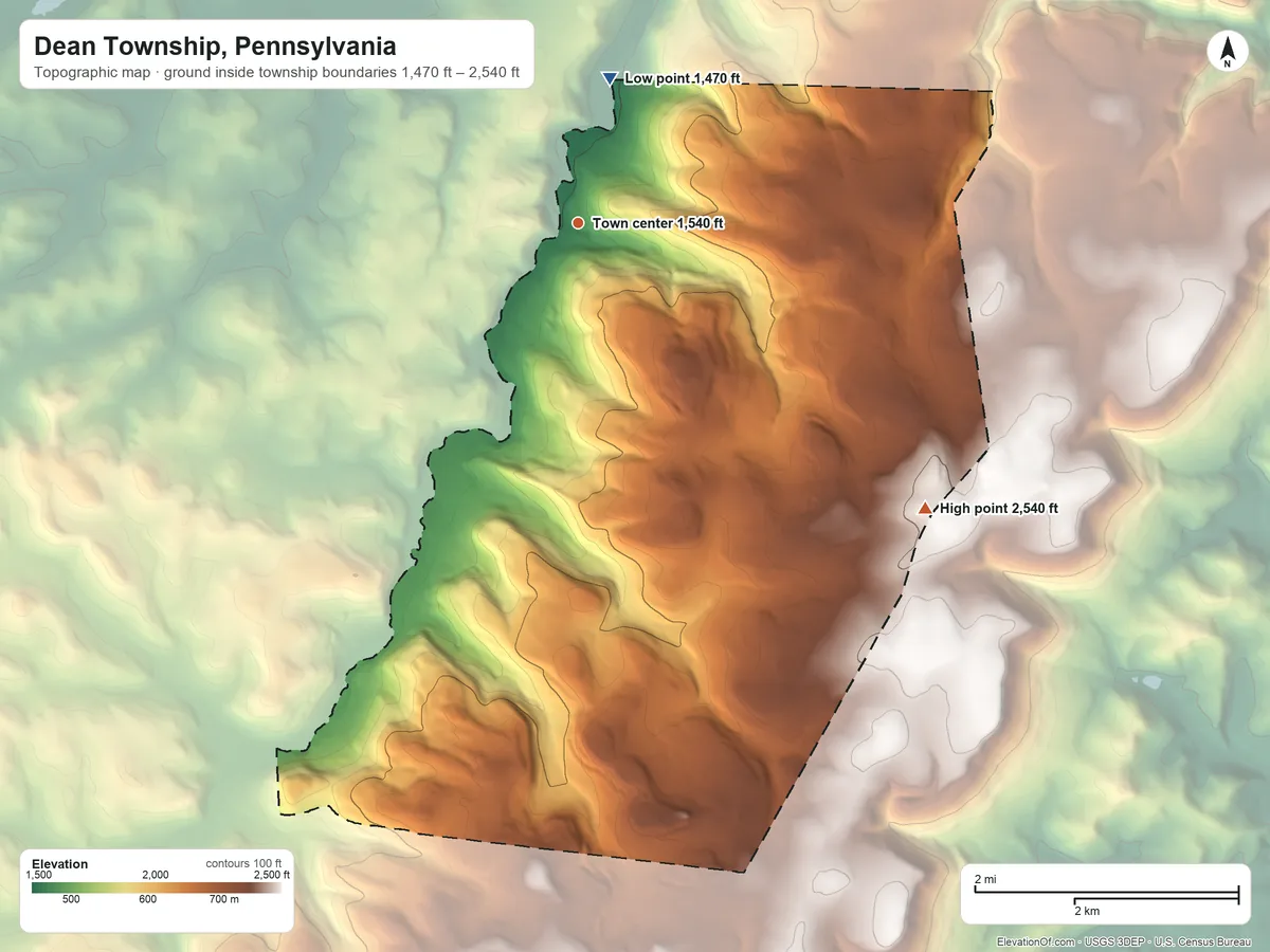 Topographic elevation map of Dean Township, Pennsylvania, shaded from 1,470 ft on the north side to 2,540 ft on the southeast side