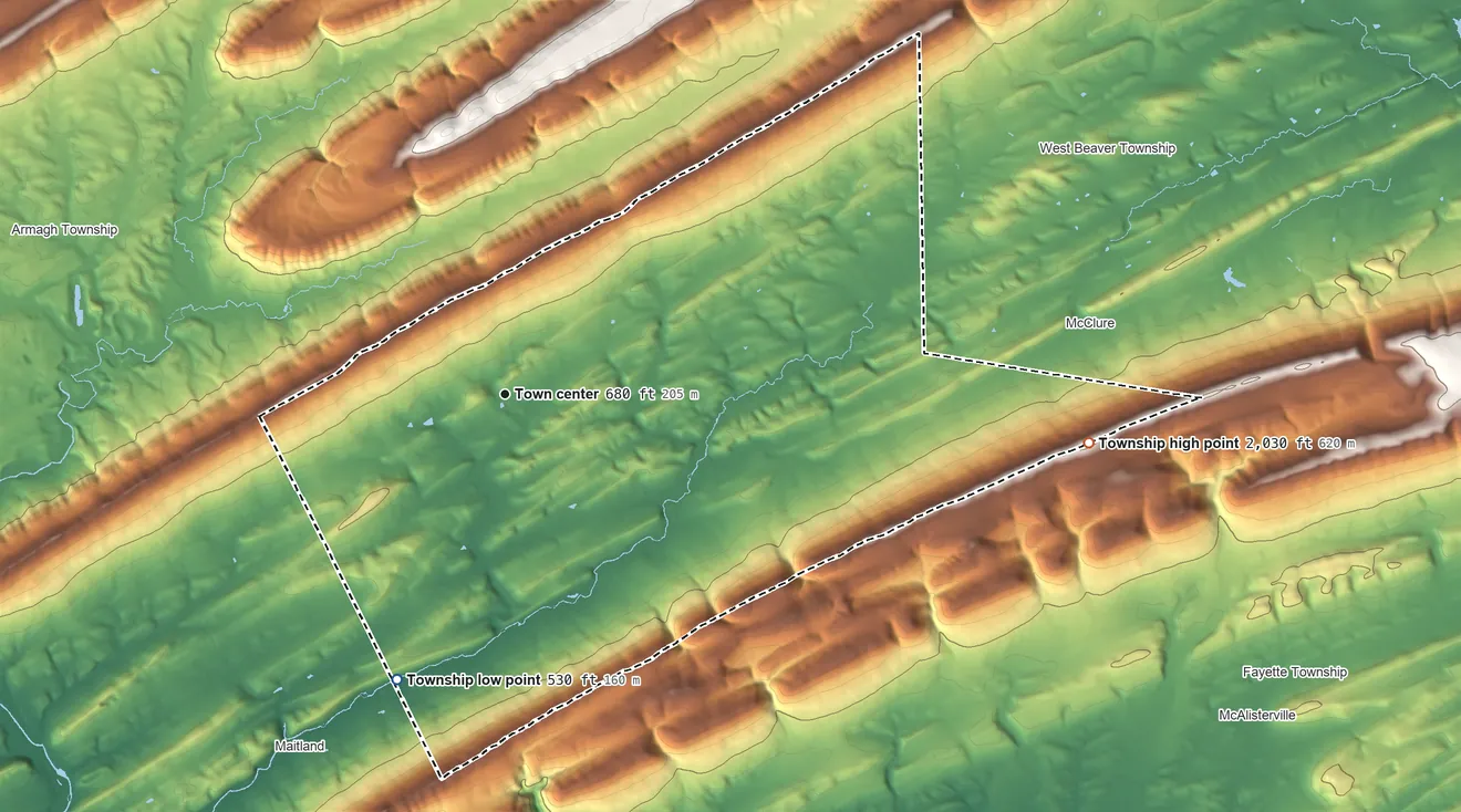 Topographic elevation map of Decatur Township, Mifflin County, Pennsylvania, shaded from 530 ft on the south side to 2,030 ft on the east side