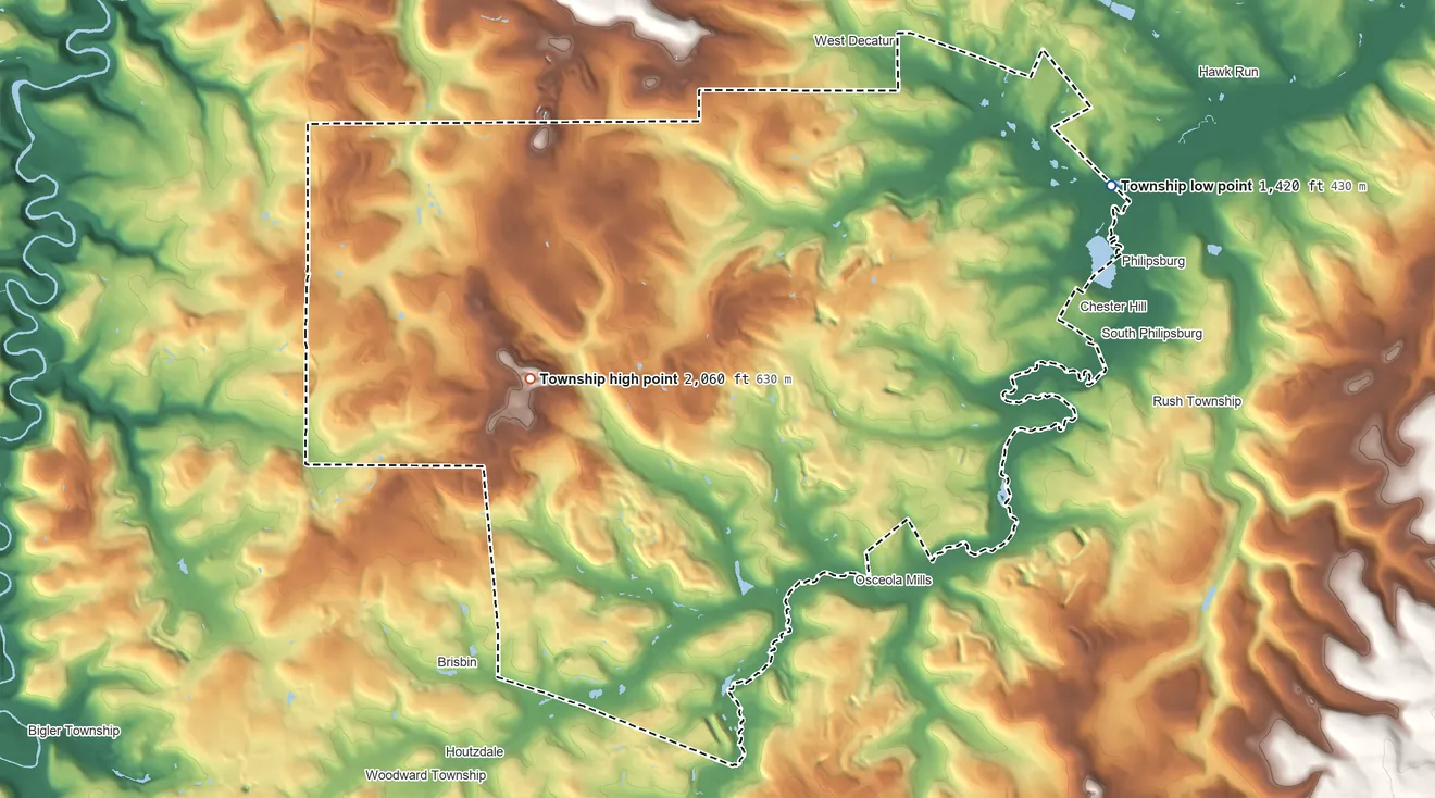 Topographic elevation map of Decatur Township, Pennsylvania, shaded from 1,420 ft on the northeast side to 2,060 ft on the west side