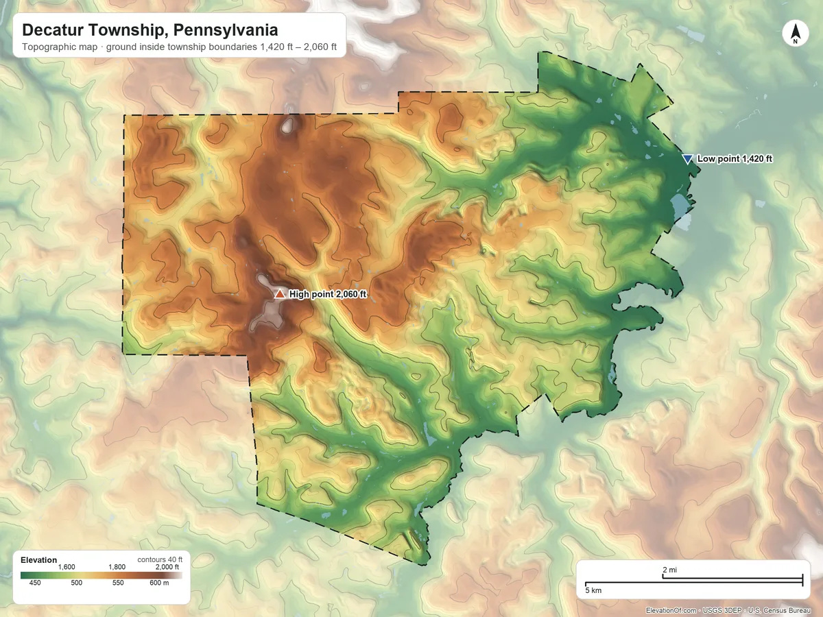 Topographic elevation map of Decatur Township, Pennsylvania, shaded from 1,420 ft on the northeast side to 2,060 ft on the west side