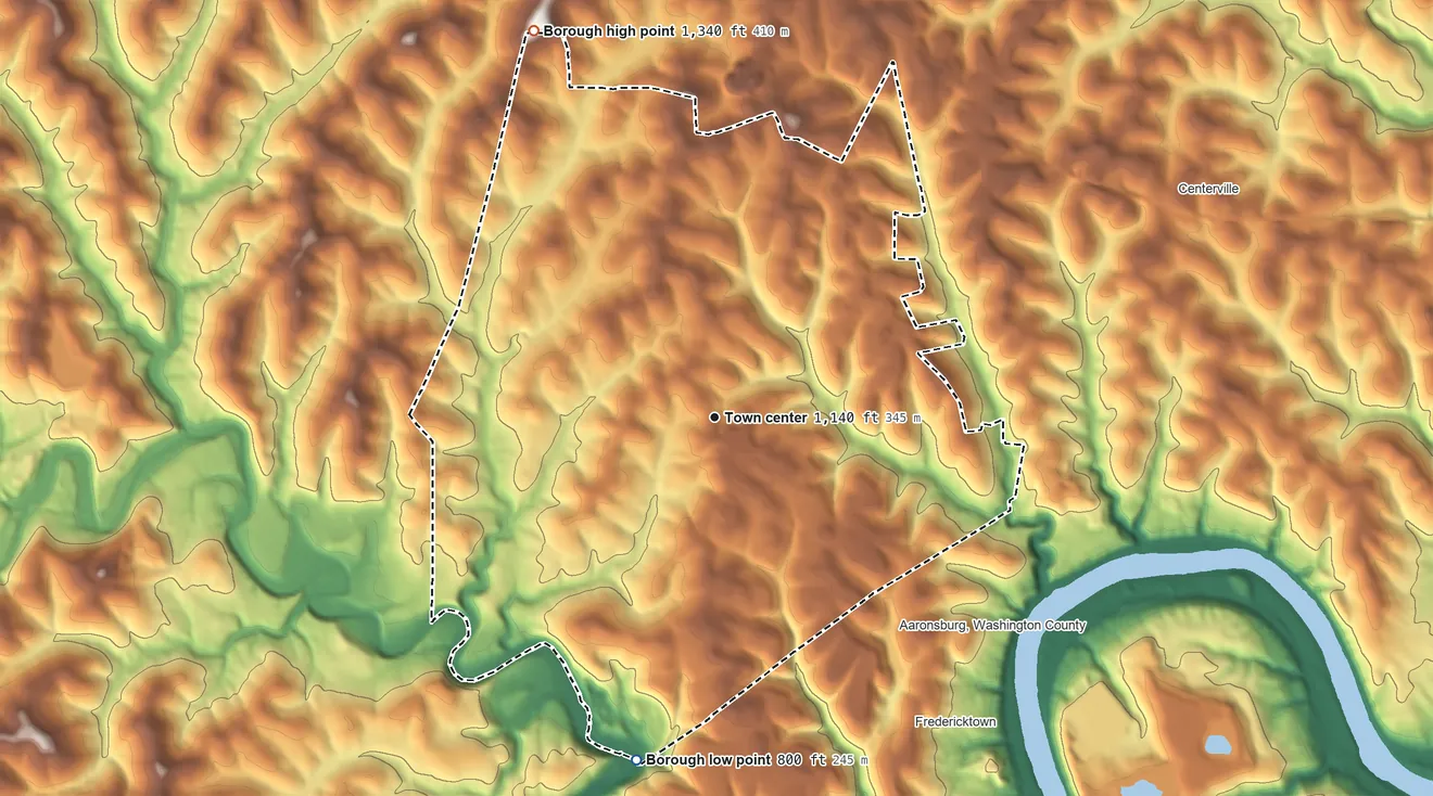 Topographic elevation map of Deemston, Pennsylvania, shaded from 800 ft on the south side to 1,340 ft on the northwest side