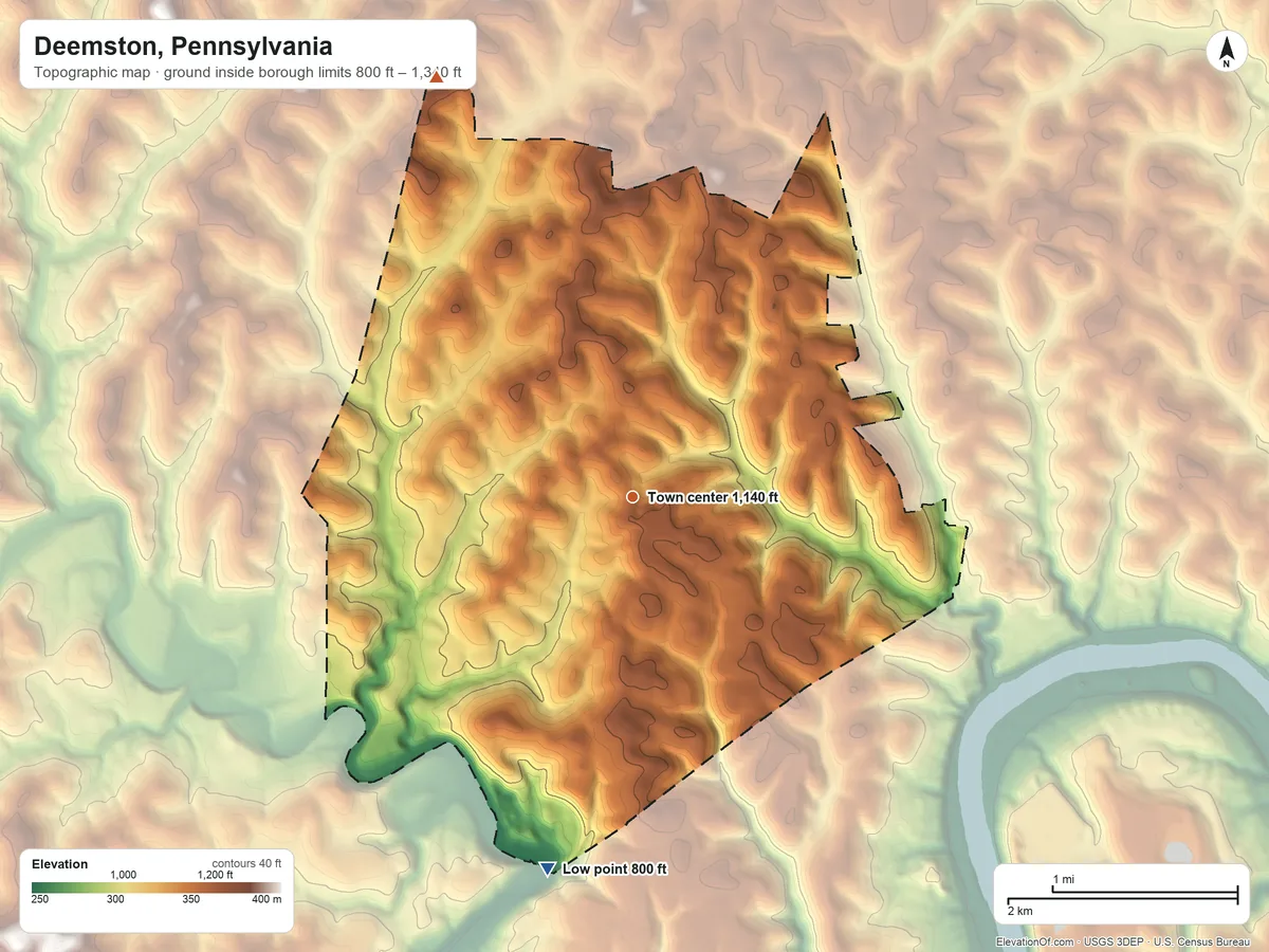 Topographic elevation map of Deemston, Pennsylvania, shaded from 800 ft on the south side to 1,340 ft on the northwest side