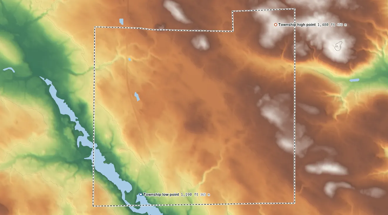 Topographic elevation map of Deer Creek Township, Pennsylvania, shaded from 1,190 ft on the south side to 1,480 ft on the northeast side