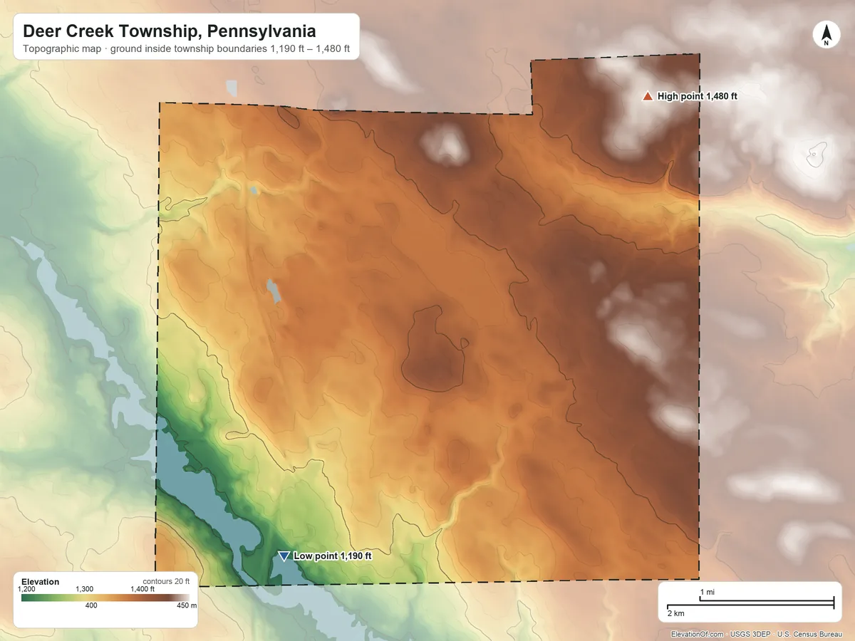 Topographic elevation map of Deer Creek Township, Pennsylvania, shaded from 1,190 ft on the south side to 1,480 ft on the northeast side