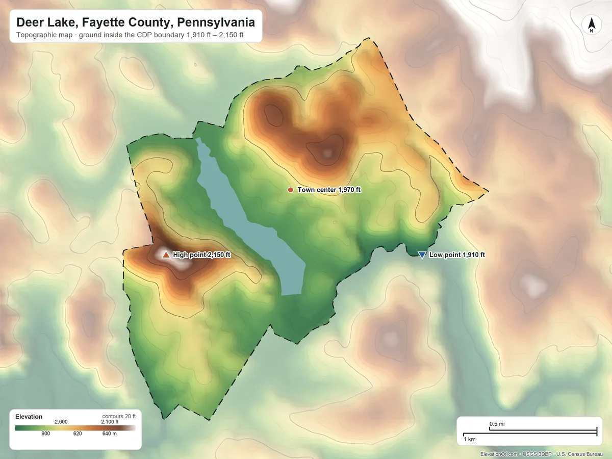 Topographic elevation map of Deer Lake, Fayette County, Pennsylvania, shaded from 1,910 ft on the southeast side to 2,150 ft on the southwest side