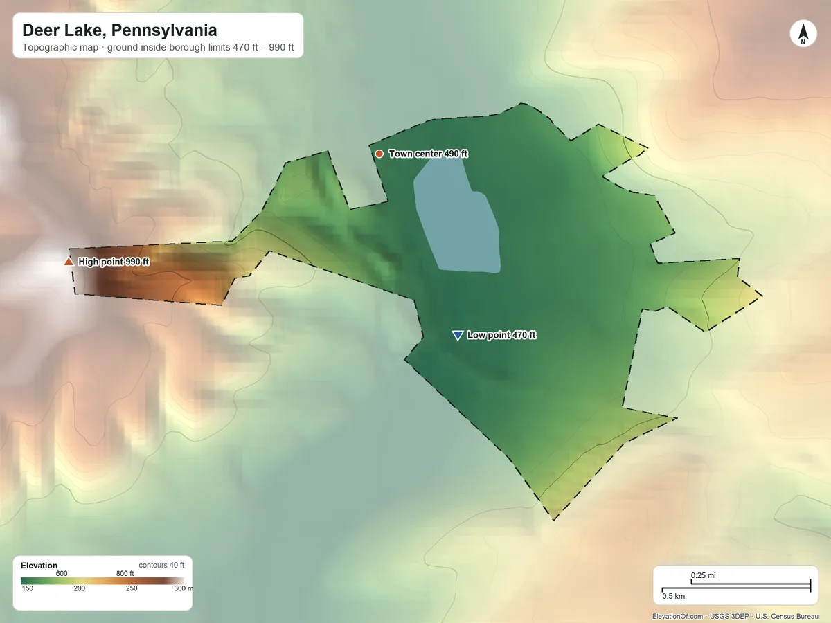 Topographic elevation map of Deer Lake, Pennsylvania, shaded from 470 ft on the southeast side to 990 ft on the west side