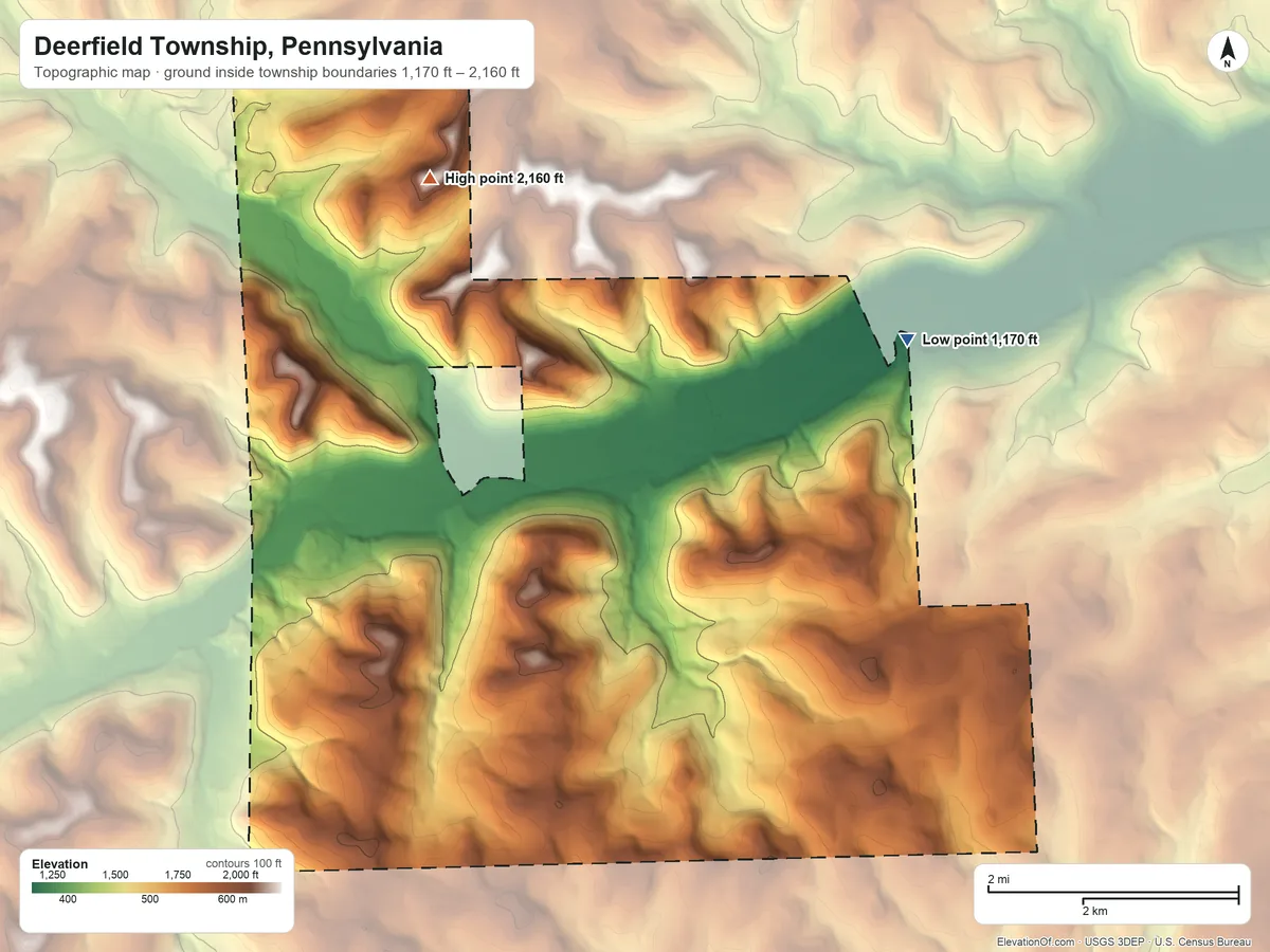 Topographic elevation map of Deerfield Township, Pennsylvania, shaded from 1,170 ft on the northeast side to 2,160 ft on the northwest side