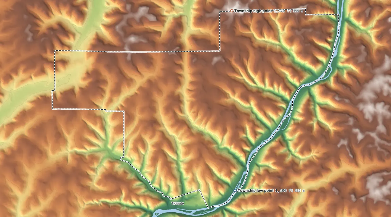 Topographic elevation map of Deerfield Township, Warren County, Pennsylvania, shaded from 1,100 ft on the southeast side to 1,940 ft on the northeast side