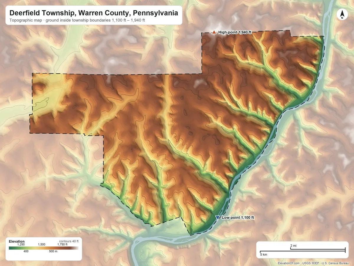 Topographic elevation map of Deerfield Township, Warren County, Pennsylvania, shaded from 1,100 ft on the southeast side to 1,940 ft on the northeast side